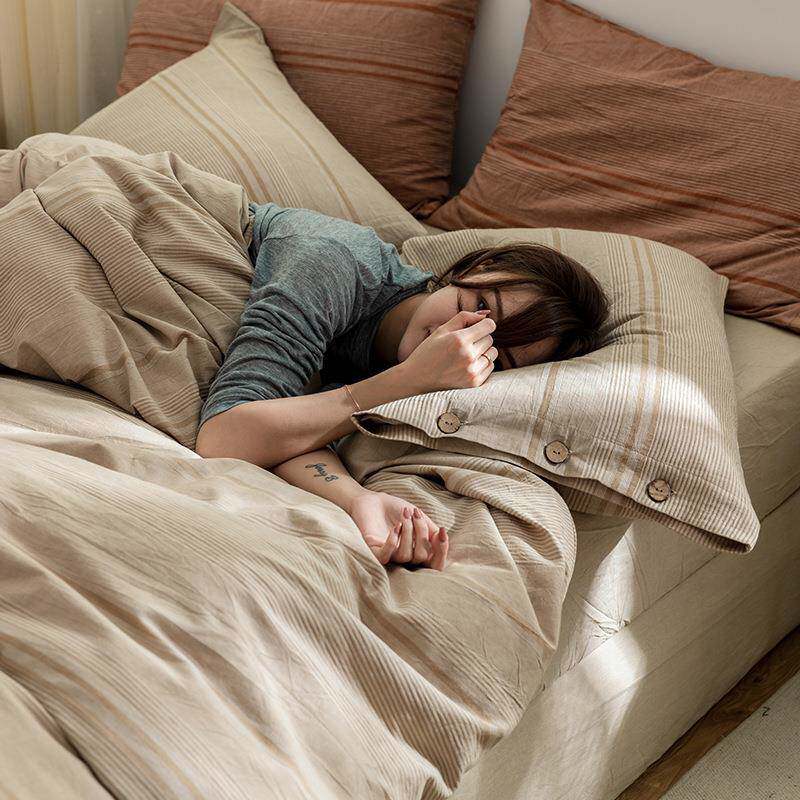 日系纽扣款水洗全棉四件套个性民宿纯白色被套柔软裸睡床上用品