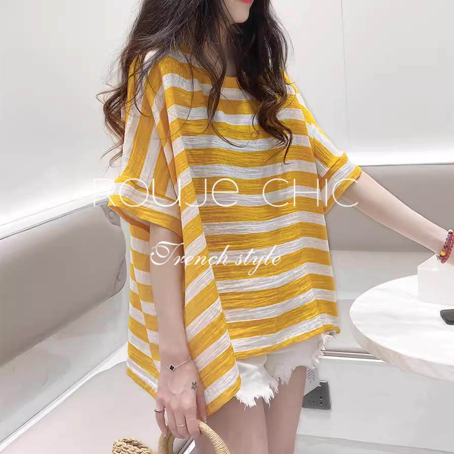 rouje chic法式撞色条纹宽松蝙蝠短袖T恤女夏季设计感中长款上衣
