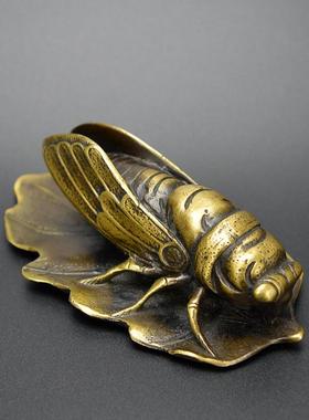 高档黄铜知了摆件铜蝉纸客一镇鸣惊人纯压纸文房书房厅办公室摆设