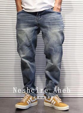 Neshcire Aheb机车复古赤耳丹宁牛仔裤男士直筒微锥重磅蓝色长裤
