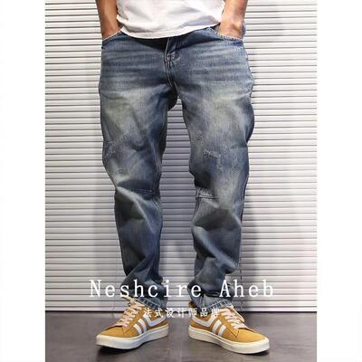 Neshcire Aheb机车复古赤耳丹宁牛仔裤男士直筒微锥重磅蓝色长裤