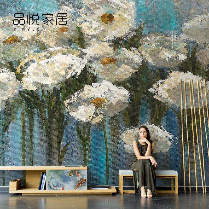 美式复古油画郁金香花卉壁纸创意客厅电视背景墙墙纸壁纸壁画墙布