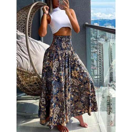 Women's Ethnic Pattern Shirred Waist Wide Leg Pants Boho