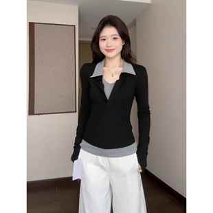 美式假两件polo翻领长袖T恤女春秋新款撞色修身正肩打底上衣0105w
