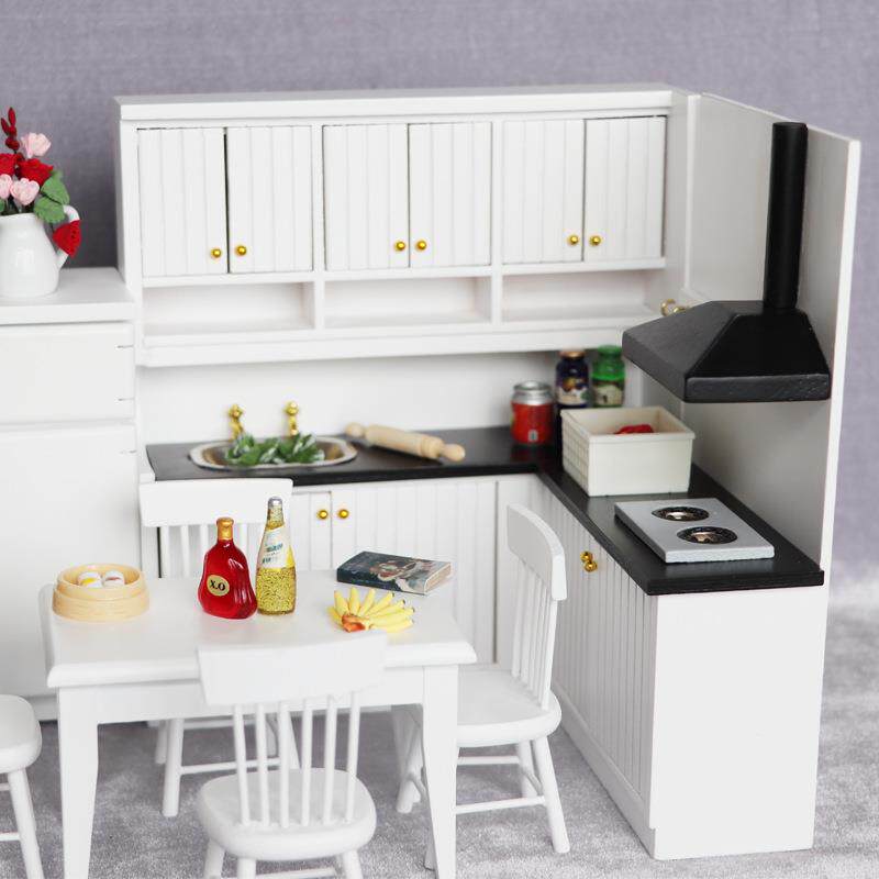 1:12娃娃屋dollhouse迷你厨房场景木质家具模型高背料理台两件套