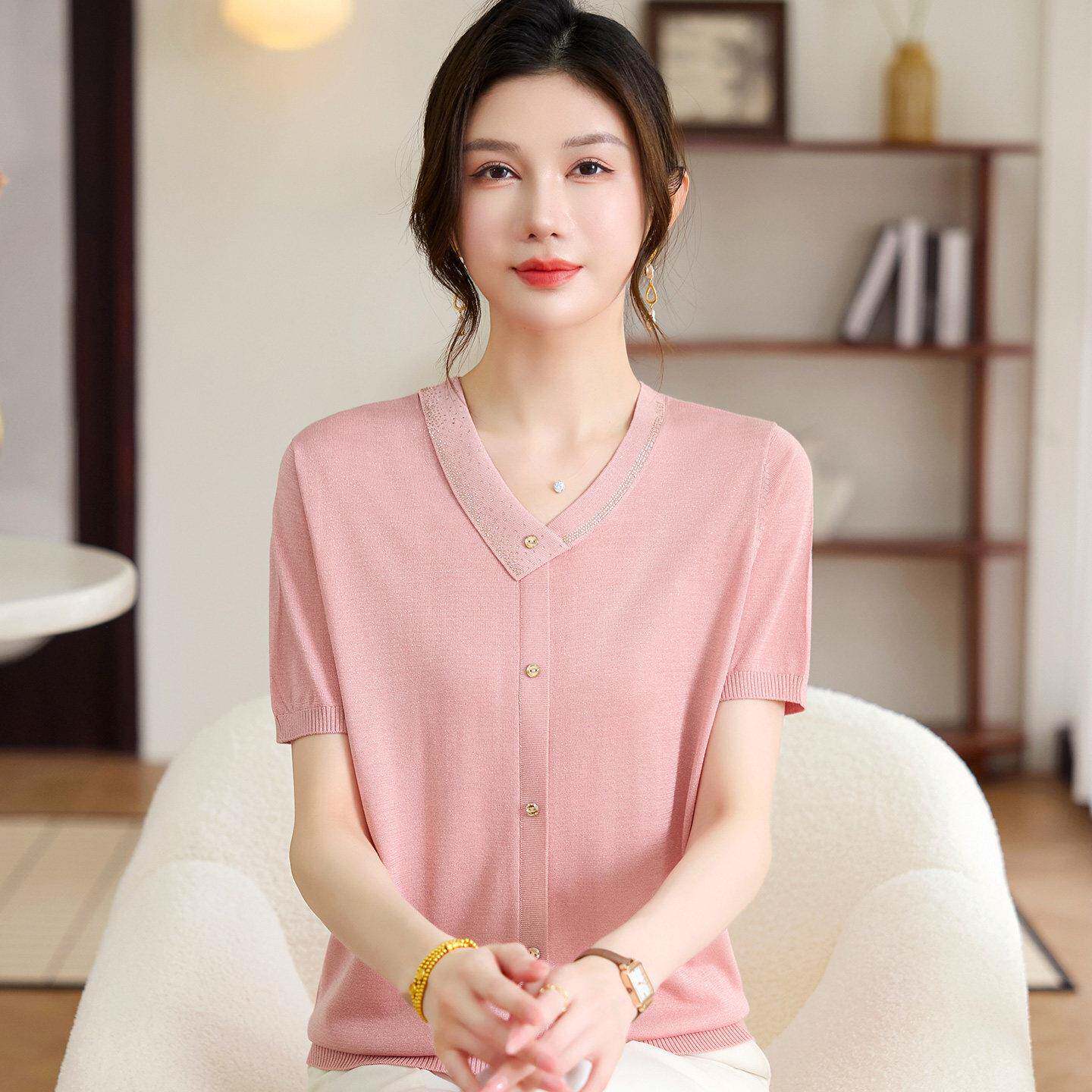 高档中年针织衫T恤女短袖夏装桑蚕丝100%小个妈妈V领真丝纯色上衣