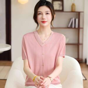 高档中年针织衫T恤女短袖夏装桑蚕丝100%小个妈妈V领真丝纯色上衣