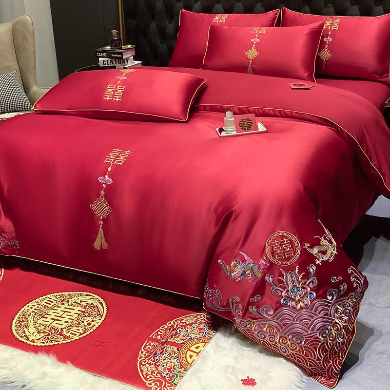 高档婚庆四件套大红刺绣喜庆被罩新结婚房嫁礼床单笠床上用品简约