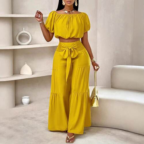 Women's Casual Solid Color Top + Loose Long Pants Set  2