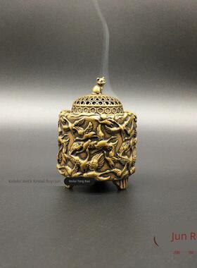 实心黄铜迷你小鹤炉摆件浮雕千鹤香炉铜塔香小猫仙鹤铜炉香薰炉