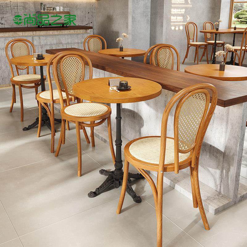 复古咖啡厅桌椅组合奶茶甜品店实木圆桌西餐厅烘焙店商用藤编椅子