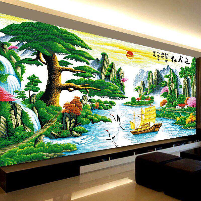 迎客松十字绣2025新款线 线绣客厅大气山水画 画风景大幅流水生财