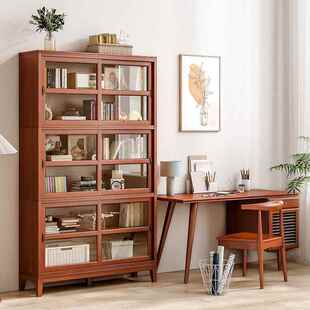 美式 架实木书柜书地带柜玻璃门落矮子推拉门客厅OXG防尘组合储物