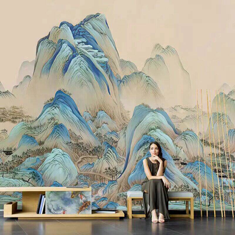 3D千里江山图集成墙板中式茶室山水国画电视背景墙纸客厅墙布