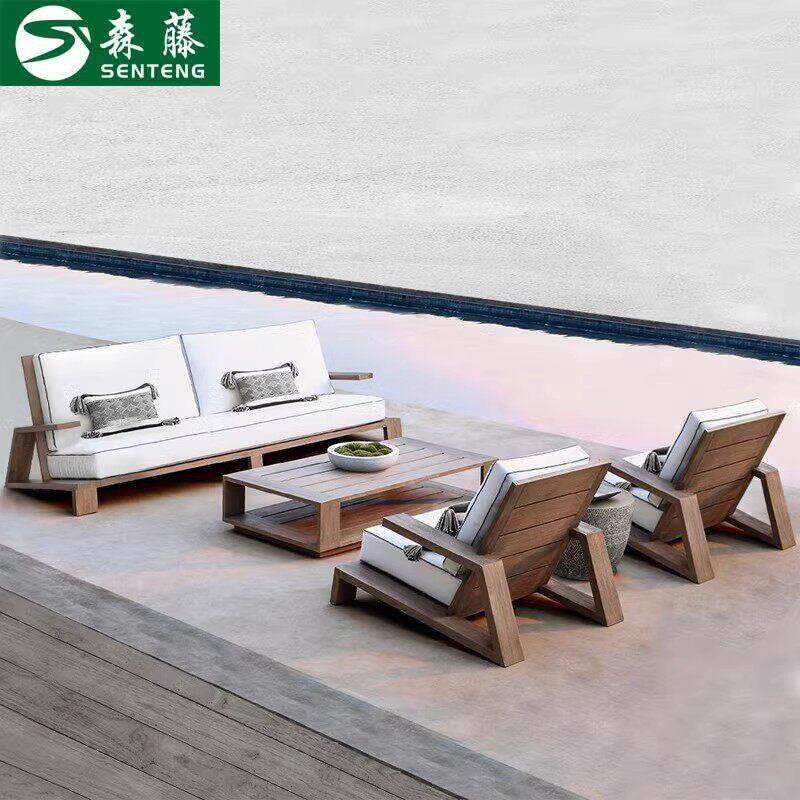 北欧户外沙发柚木防晒防水别墅花园阳台防腐木室外实木露天藤编椅