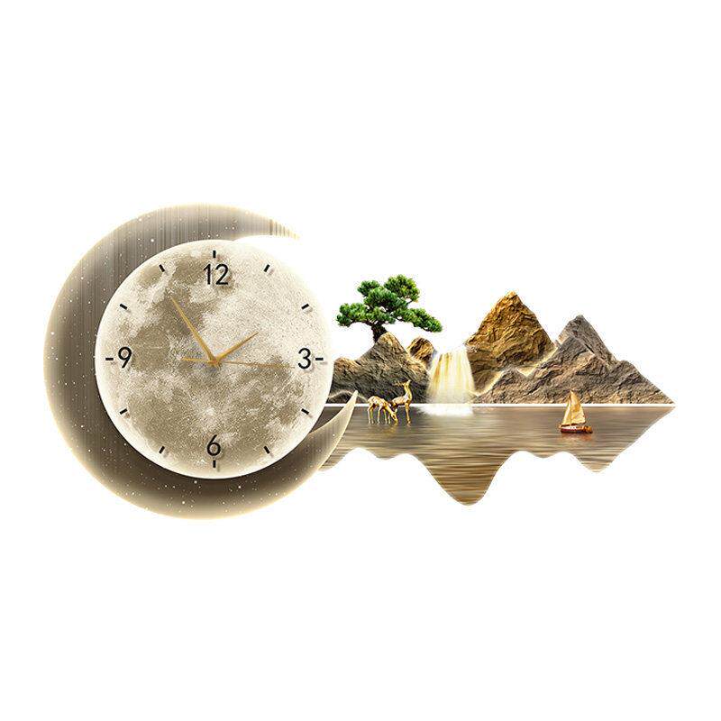 餐厅装饰画钟表时钟静音挂表轻奢高级感灯画发光饭厅挂画山水壁画