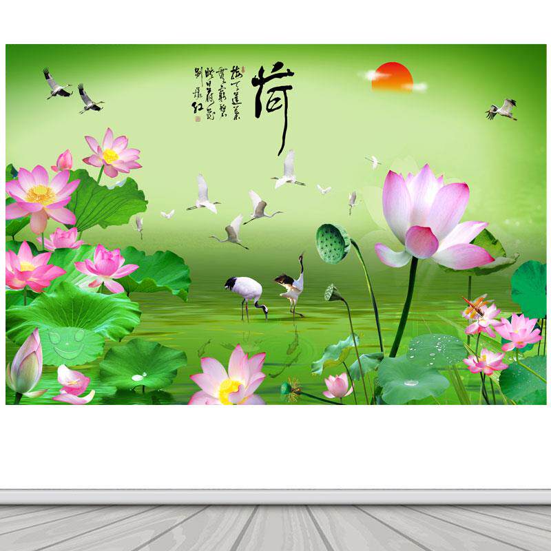 荷花莲子壁画 仙鹤来福装饰画 客厅背景墙自粘贴纸壁画