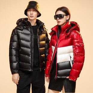 羽绒服男女情149-613侣大款冬季牌款加厚时尚免新洗亮面撞色