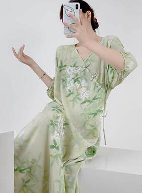 新中式洋装睡衣女款2025新款夏季中长版棉绸睡裙家居服裙子