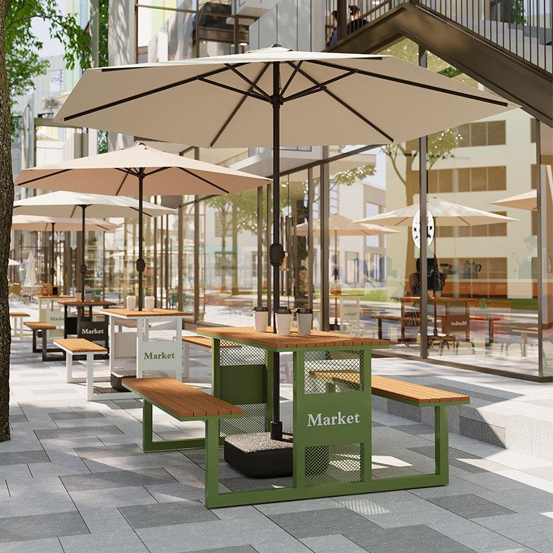 户外庭院桌椅用餐组合套装户外露天凳防晒塑木铁制桌椅带伞一体
