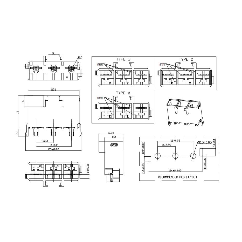 CWB合兴接插件 TJC80001-3A 白色 连接器 3P焊板直针座