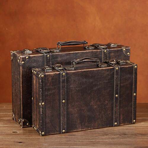 复古皮革手提木箱收纳盒旅行首饰收藏箱家居装饰摆件摄影道具木质
