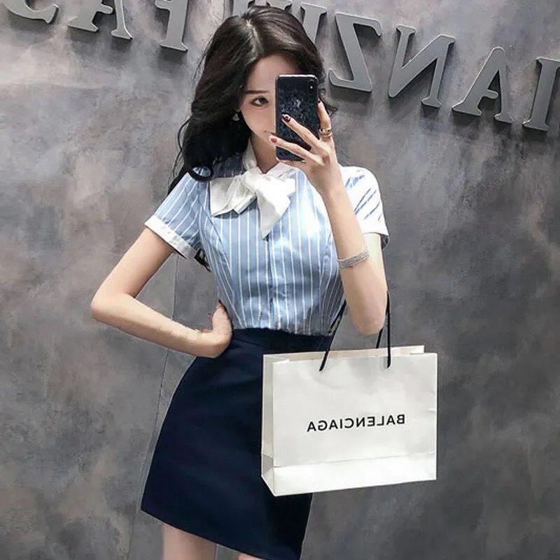 短袖衬衫女士夏装蓝条纹蝴蝶结职业装工作服正装气质宽松新款衬衣