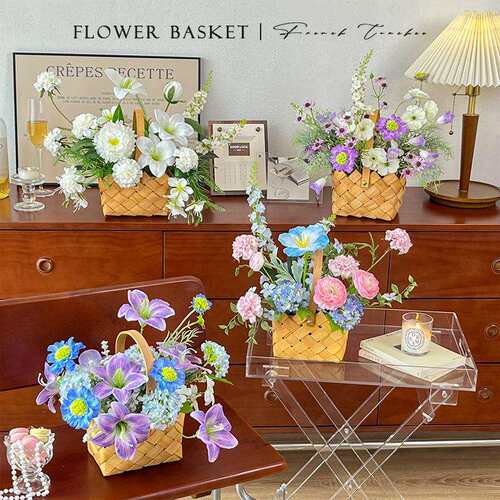 田园风斜边篱笆仿真花篮装饰花客厅假花绿植花艺摆件餐桌花摆花