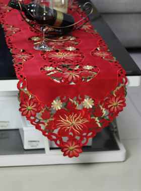 新款红色茶几桌旗简约现代园欧华式奢绣花结婚喜庆美田餐桌式布艺