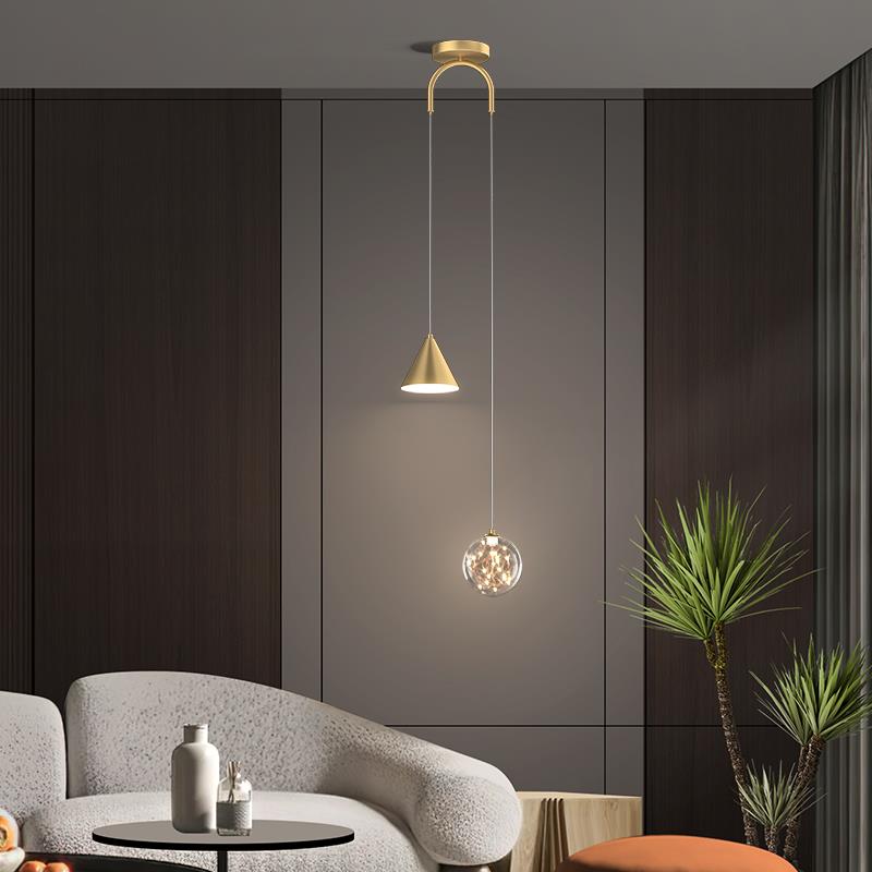 极简床头吊灯创意双头轻奢客厅背景墙灯全铜简约卧室北欧吊线灯具
