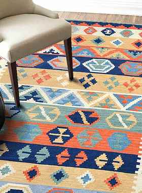 高档北欧几何民格族风欧式手工羊毛卧k毯ilim家用客厅室茶几地可