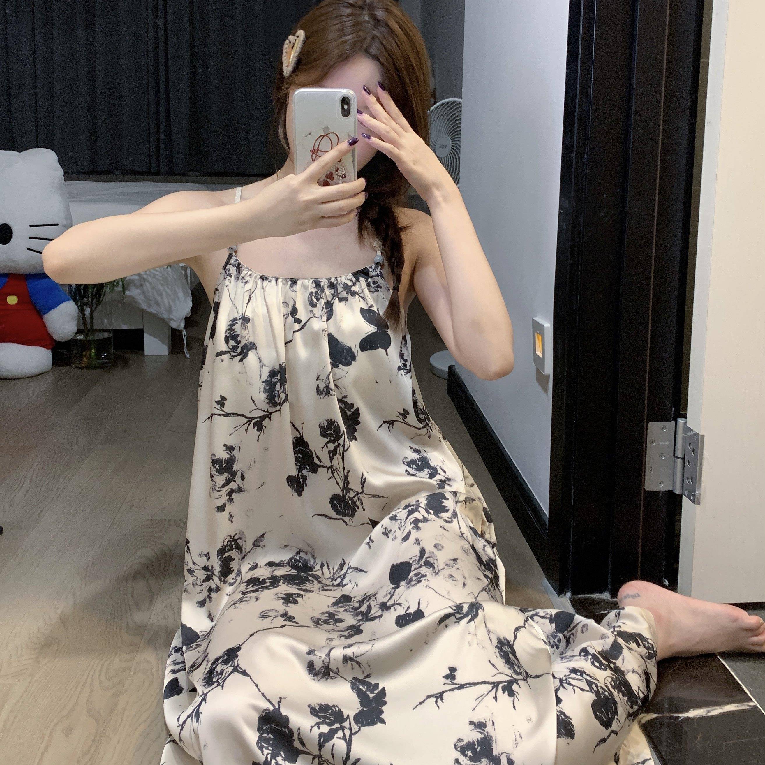 大码冰丝带胸垫吊带睡裙女夏季复古高级感睡衣2026新款家居服夏天