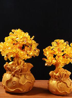 黄水晶装发财树风水摆饰家酒柜饰品创客厅玄发财树摆关小摇居钱树