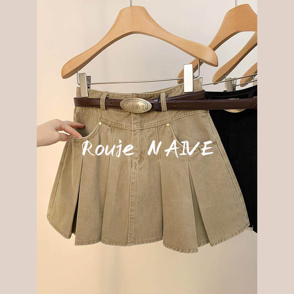 Rouje NAIVE美式复古牛仔百褶裙女高腰A字春夏卡其色半身裙短裙