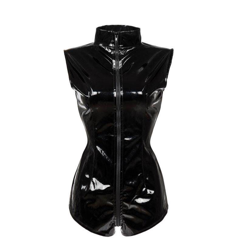Bright leather zippered triangular bodysuit亮皮紧身连体短裤