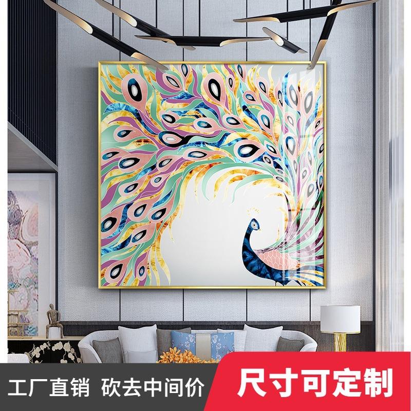新款直销吉祥孔雀装饰画客厅玄关大气正方形彩色挂画吉祥如意走廊