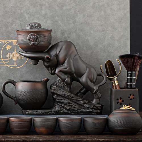紫陶懒茶机覆古半自动茶具一套家用旋转茶壶功夫茶杯