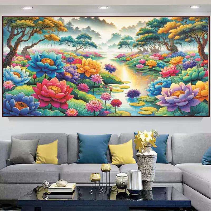 荷花风景十字绣迎客松山水画满绣客厅办公室大幅画