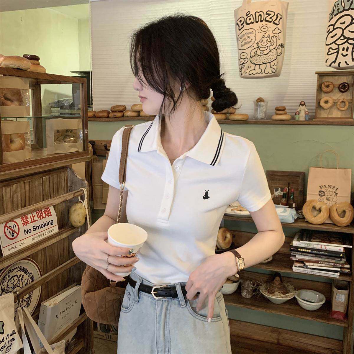 POLO领短袖t恤女夏季修身白色学院风正肩独特别致漂亮小衫上衣潮
