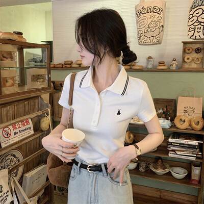 POLO领短袖t恤女夏季修身白色学院风正肩独特别致漂亮小衫上衣潮