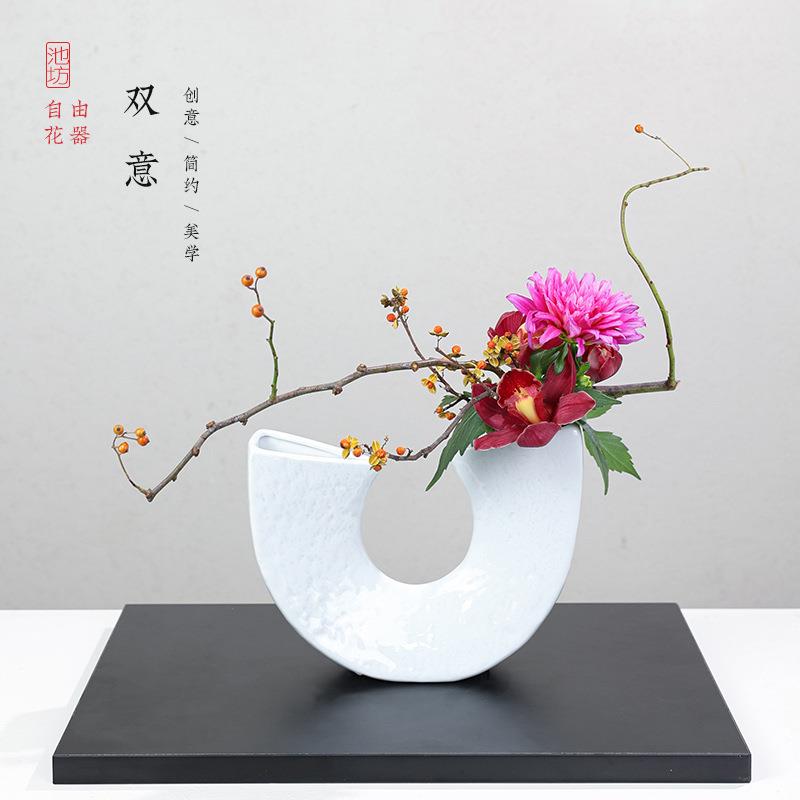 由剑山LHA白色池坊自器摆草月花自由花不规则插花器皿小原流器花