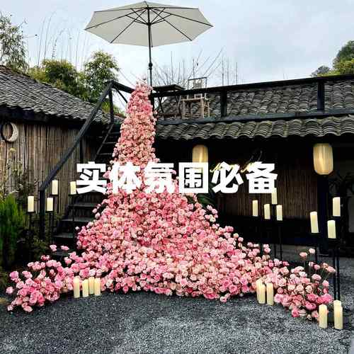 玫瑰花瀑布花墙节日背景墙装饰仿真花网红打卡假花商场玫瑰花墙