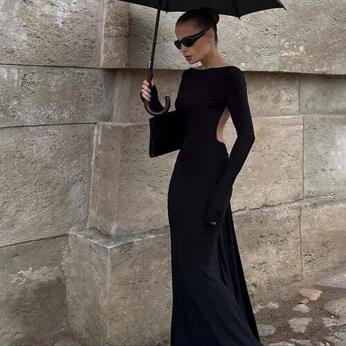 Dark Goth Style Black Deep Backless Metal Chain Panel Dress.
