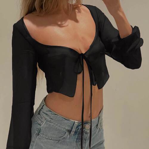 Vintage Aesthetic Crop Top Summer Women Mesh T Shirt Lace Up