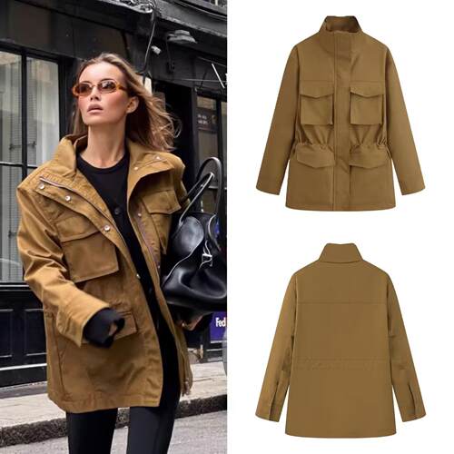 Women's pocket decoration high neck long sleeved workwear