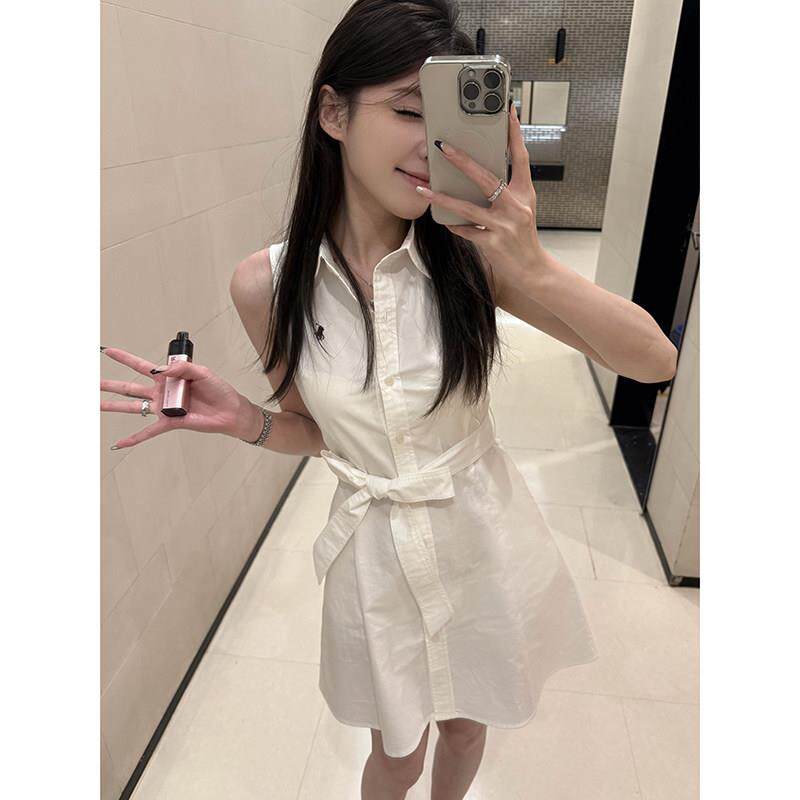 ADVANCED白色polo领衬衫式洋装女夏季刺绣系带无袖收腰显瘦短裙