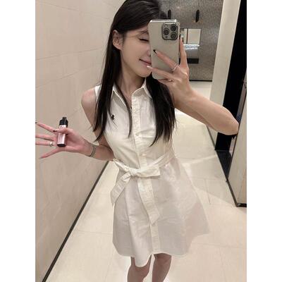 ADVANCED白色polo领衬衫式洋装女夏季刺绣系带无袖收腰显瘦短裙