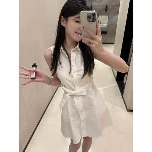 ADVANCED白色polo领衬衫式洋装女夏季刺绣系带无袖收腰显瘦短裙