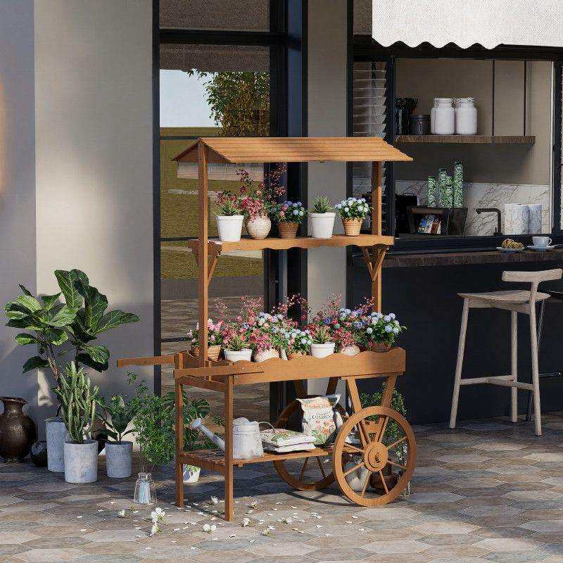 田园花架实木推车置物架阳台收纳架商场创意促销车户外装饰大摆件