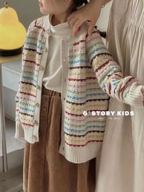 韩国童装女童针织衫彩色，条纹2024秋冬中大童毛衣，外套洋气长袖上衣